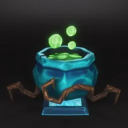 3D handpainted magic cauldron with green potion and glowing coals, optimized for Blender Halloween scenes.