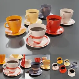 "Set of small porcelain coffee cups with saucers in different colors and bands for easy setup and color changes. Two materials for each cup and saucer. Volumetric material for the liquid included. Compatible with Blender 3D software."