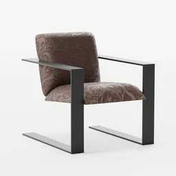 Highly detailed 3D accent chair with patterned upholstery and sleek metal frame, compatible with Blender.