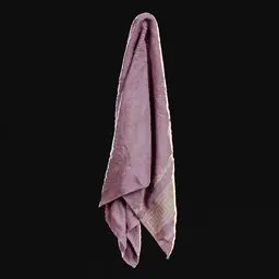 "Photorealistic purple bath towel with optimized geometry and high-quality 8k textures, designed for Blender 3D software. Hangs on a hook against a black background, perfect for use as a videogame asset or in photorealistic renderings."