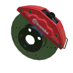 Detailed 3D model of a red brake caliper with rotor, suitable for Blender vehicle design and rendering.