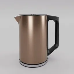 Detailed copper electric kettle 3D model with a sleek design, black handle, and brushed finish for Blender rendering.