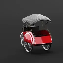 "Red and white Indonesian Pedicab 3D model for Blender 3D. Uniquely designed with a canopy and black, white, and red colors, reminiscent of 1920's cloth style cycles. Perfect for mobile learning app prototype or behance showcase."
