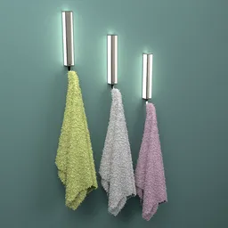 Detailed 3D model of colored towels on a rail with realistic fur effect, suitable for Blender rendering.