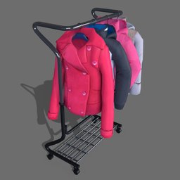 Detailed 3D-rendered jackets on a hanger for Blender, showcasing varied colors and realistic textures for interior modeling.