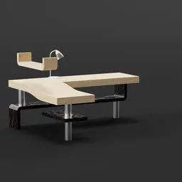 3D-rendered wooden desk with iron legs and lamp, minimalist design for Blender modelling.