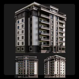 "Discover the exquisite Apartment Building design by M3D in Blender 3D. This tall public building features detailed architecture, with a stunning roof and balcony. Perfect for showcasing in 3D renders and animations, the model includes ten flats, electricity arches, and more."