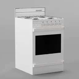 "3D model of a Domec standard stove for Blender 3D, featuring a white design and black oven top. This kitchen appliance is inspired by Boleslaw Cybis and includes distinctive features. Created with CGI rendering for a cinematic, eye-level perspective image and 360-degree render panorama."