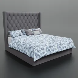 "Beautifully detailed 3D model of a family bed in Blender 3D, featuring a blue and white bedspread, pillows, and coverlet. Perfect for realistic interior design projects or architectural visualizations."