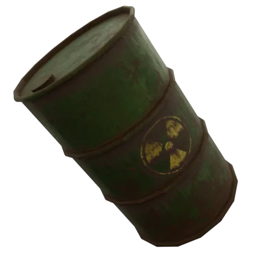 Detailed 3D rendering of a weathered green barrel with toxic symbol, ideal for Blender sci-fi scenes.