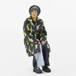 Sitting girl big coat