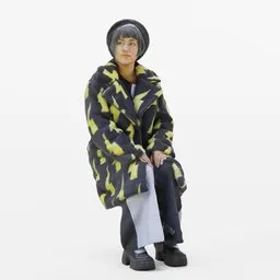 Sitting girl big coat