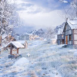Frozen Village in Falling Snow