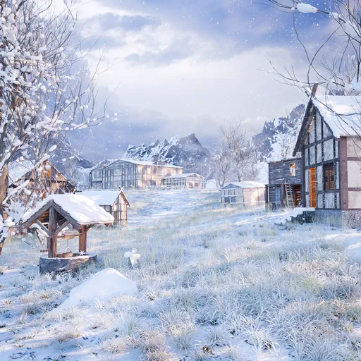 Frozen Village in Falling Snow