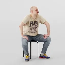 3D model of a confident, seated male figure with a sly grin, dressed in casual attire for Blender rendering.