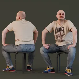 3D model of a confident, seated male figure with a sly grin, dressed in casual attire for Blender rendering.