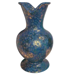 "Antique style blue vase with cracky design and highly detailed melted wax, inspired by Frank Weston Benson, available for Blender 3D software. Procedural material and intricate glow accents make for a high quality and colorful product image. Perfect for drawing and 3D modeling enthusiasts."