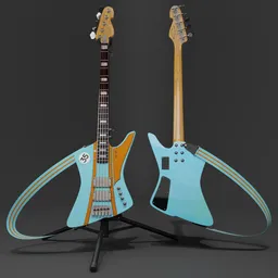 "Sandberg Special Edition Forty Eight Racing Car bass in Gulf style, perfect for rock and metal bands. Created using Blender 3D software and featuring thunderbird-inspired ribbed design, depicted in hyper-real digital illustration. Comes with blue strap and sleek tail fin for added flair."
