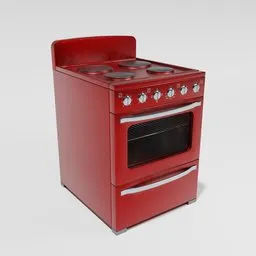 "Red 4 Plate Electrical Stove - Blender 3D Model: Kitchen Appliance for 3D Rendering and Game Development. Detailed, brushed red and blue painted stove with a white top and black oven, featuring hardsurface design. Ideal for creating realistic kitchen scenes in Blender 3D software."