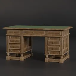 "Vintage Desk 3D Model for Blender 3D - Realistic American Realist style with green top and drawers, inspired by Károly Ferenczy. Featuring ivory carving and displacement mapping, 8k resolution and perfect for PC gaming. Manufactured in the 1920s, evoke the style of 19th century with this stunning desk."