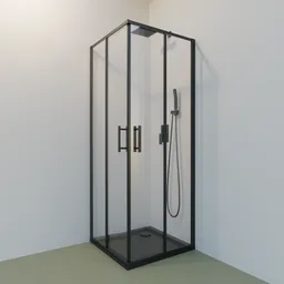"Neo-classical style shower corner with sliding glass doors for Blender 3D. Photorealistic and clean design with a black color scheme, perfect for everyday use. Ideal for post-war style bathroom designs."