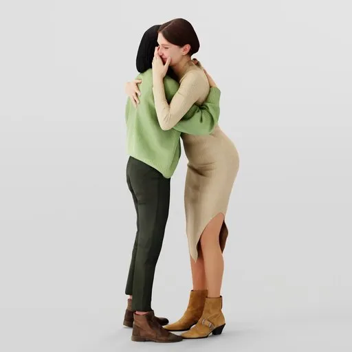 Two 3D modeled young females embracing in casual attire, detailed textures, compatible with Blender.