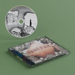 Detailed 3D rendered CD and case with intricate artwork geared towards Blender 3D artists.