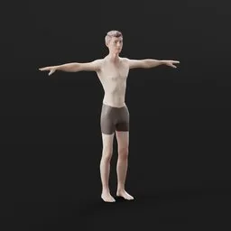 "Close-up 3D rendering of a thin, androgynous man in short underwear with arms out, inspired by Harold Sandys Williamson and created in Blender 3D. Realistic skin shader and light clothing add to the overall effect of the new objectivity style. Perfect for a Discord profile picture or any Blender 3D project."