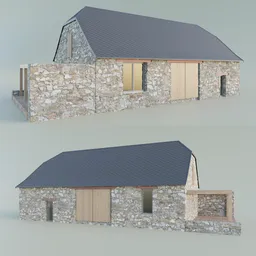 "Stone farm barn 3D model for Blender 3D, featuring adaptive subdivision for detailed stone walls. Ideal for character design and fantasy scenes, created by wlop and Ross Thran. Front, back and side views available."