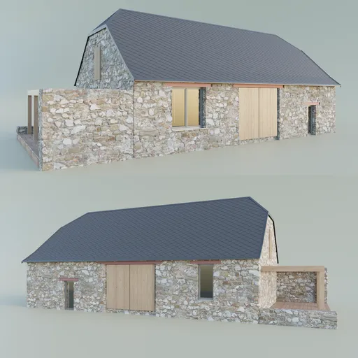 Detailed European barn 3D model with stone walls and wooden doors, optimized for Blender with adaptive subdivision.