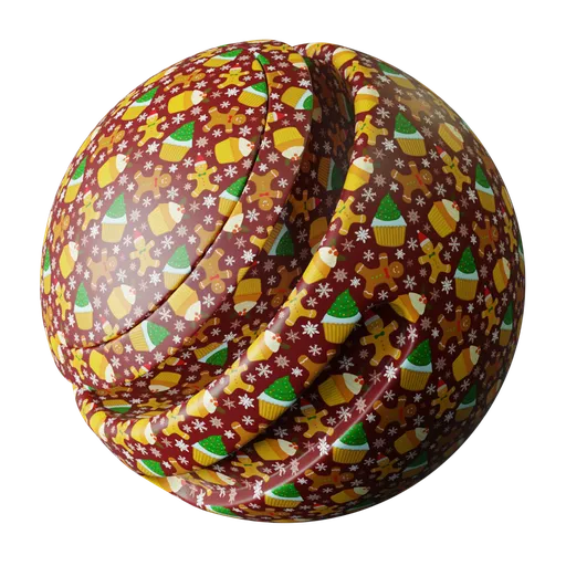 PBR texture for 3D rendering showcasing a festive Christmas wrapping paper with adjustable controls for scale, color, and reflections.
