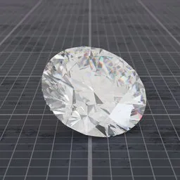 Realistic round brilliant cut diamond 3D model on a grid surface showcasing its reflective shader adaptable for various gemstones.