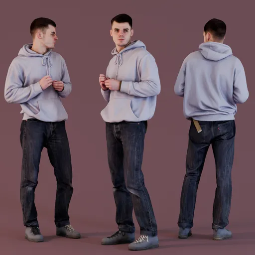 Young 3D modelled man in purple hoodie and black jeans looking left with nervous gesture, suitable for Blender projects.
