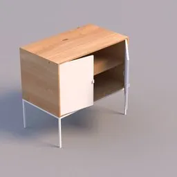 Realistic 3D model of a wooden storage cabinet with one white door on metal legs, rendered in Blender.