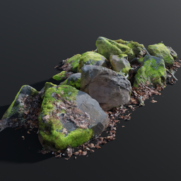 "Highly detailed 3D model of a mossy rock pile surrounded by leaves, perfect for videogame assets or unreal engine scenes. Created by Johannes Mytens and available on 3D marketplace, this model features a UV map and 8k definition. Photo scanned for maximum realism."