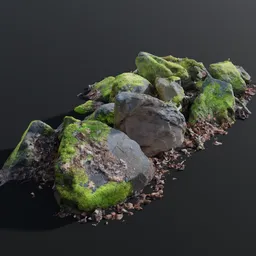 "Highly detailed 3D model of a mossy rock pile surrounded by leaves, perfect for videogame assets or unreal engine scenes. Created by Johannes Mytens and available on 3D marketplace, this model features a UV map and 8k definition. Photo scanned for maximum realism."