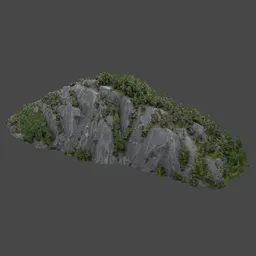 Detailed 3D scanned model of a rocky mountain cliff with greenery, ideal for Blender 3D environmental design.