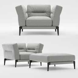 "3D model of Flexform Adda Armchair and Ottoman, perfect for modern apartments, rendered in solid grey with a symmetric body shape and ribbed details. Cushions are creased with unique stitching detail and can be upholstered in fabric or leather. Created with Blender 3D software."