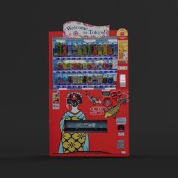 Detailed 3D rendering of a Tokyo-style vending machine with vibrant graphics, suitable for Blender projects.