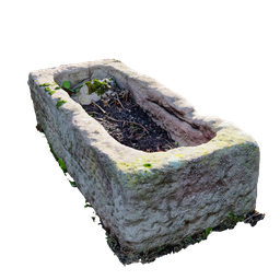 "3D scan of an old flower pot with a deco shell, perfect for exterior design in Blender 3D. This derelict stone trough and planter, created by James Peale, features a cementary-themed rectangular shape. May contain jpeg artefacts in its medium length photography render."