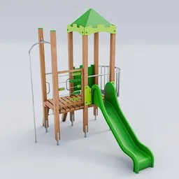 3D Blender model of a wooden playground tower with slide, balcony, and firefighter's chute in green tones.