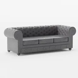 "Stately black sofa model for Blender 3D with buttoned back and arm, textured base, and gunmetal grey accents. 1K texture included for added realism. Perfect for any interior design project."