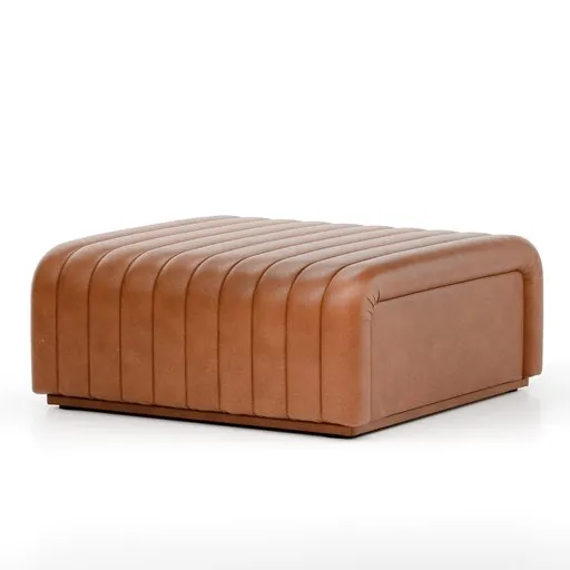 Upholstered 3D model of Sefto Ottoman showcasing channel design, mid-century vibe for Blender rendering.
