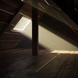Detailed 3D rendering of an atmospheric indoor attic room with natural light streaming in from a window.