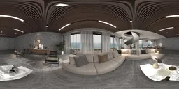 360-degree panoramic view of a modern living room interior with a large sofa and ocean view for realistic scene lighting.