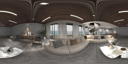 360-degree panoramic view of a modern living room interior with a large sofa and ocean view for realistic scene lighting.