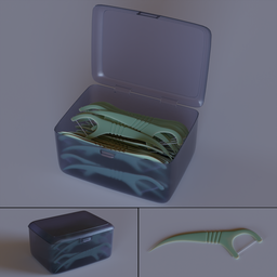 "Discover a plastic box with flossing toothpicks in this customizable BlenderKit 3D model. Manipulate a single toothpick or the entire pile and rotate the circle empty to open or close the precision-designed container."