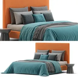 High-quality 3D model of a modern bed with pillows and teal comforter, UV mapped, created in Blender, 332k polys.