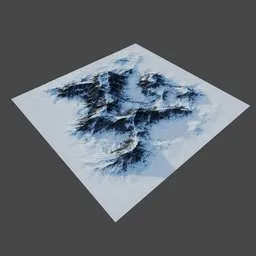 "Snow covered mountain landscape terrain created with Blender 3D, featuring a scenic top-down view of a sci-fi inspired mesa plateau. The 3D model showcases a broken landscape with scattered islands, complemented by substance designer height map and 3-d shadows. Perfect for design projects requiring a striking, eye-level perspective image."