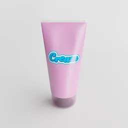 "3D model of a cream plastic tube for cosmetic products with geometrical UV map, created in Blender 3D. Features professional online branding with strawberry ice cream inspired colors and real-life dimensions. Perfect for industrial container designs."